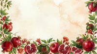 Pomegranate fruits with green leaves and flowers arranged as decorative border on aged cream background, suitable for invitations, greeting cards, and vintage design projects.
