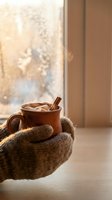 Hands in knitted mittens holding ceramic mug with hot cocoa and cinnamon stick by frosted window on cold winter morning for cozy seasonal comfort.