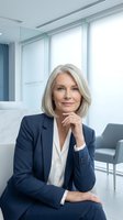 Mature woman with silver hair wearing navy blazer and white blouse, seated in modern medical office with glass partitions, professional portrait for healthcare, business, and corporate use.