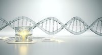 DNA double helix structure with glowing yellow liquid in glass beaker and scientific instruments on white surface for genetic research and biotechnology.