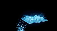 Glowing open book with digital data particles flowing outward on black background, representing knowledge, learning, technology, and information dissemination for educational and digital content.