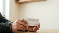 Elderly person holding a blister pack of medication tablets in their hand, representing healthcare, wellness, pharmaceutical treatment, and senior medical care.