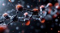 DNA molecule structure with glowing orange particles on dark background, scientific research concept visualization for genetics and biotechnology studies.