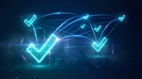 Glowing blue checkmarks connected by digital network lines on dark tech background for business success and verification concepts.