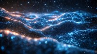 Abstract digital wave of glowing particles with blue and orange light effects against dark background, flowing dynamic motion in space-like environment.