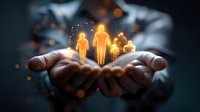 Glowing golden family silhouettes floating above cupped hands with magical sparkles and bokeh lights against dark background, representing family protection and care.