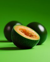 Fresh ripe cantaloupe melon cut in half showing juicy orange flesh and seeds on vibrant green background with dramatic lighting and deep shadows.