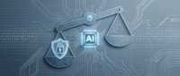 AI ethics balance scale with security shield and circuit board background representing artificial intelligence moral decision making technology.