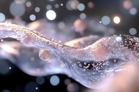 Ethereal abstract wave with glowing particles and bokeh lights in soft pink and white tones against dark background, creating magical atmospheric effect.
