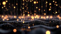 Glowing golden bokeh lights floating over dark wavy surface with sparkles, creating magical atmospheric background for festive designs and holiday projects.
