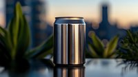 Metallic aluminum beverage can on reflective surface against blurred urban sunset skyline with green tropical plants, modern minimalist drink photography.