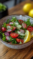 Fresh garden salad with cherry tomatoes, radishes, and cucumber slices garnished with herbs and black pepper, served in ceramic bowl with lemon wedges.