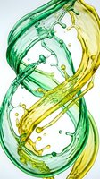 Swirling green and yellow liquid streams with splashing droplets isolated on white background, suitable for cosmetics, skincare, wellness and beverage design projects.