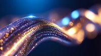 Abstract flowing wave with golden particles and bokeh lights on dark blue background for digital technology and luxury design projects.