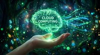 Hand holding glowing green brain with cloud computing text surrounded by digital network connections and data streams on dark tech background.