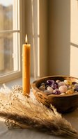 Warm golden candle burning beside wooden bowl filled with colorful healing crystals and dried pampas grass in soft natural sunlight for meditation.