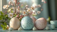 Pastel polka dot Easter eggs in pink, mint and peach with spring cherry blossoms and small decorative eggs on soft blurred background. Seasonal holiday decor.