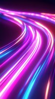 Glowing neon light trails curve into distance creating dynamic motion effect in pink and blue colors against dark background, abstract technology concept.