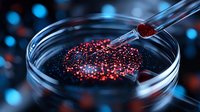 Microscopic red particles in petri dish with metallic tweezers against dark background with blue bokeh lights, scientific research concept in laboratory setting.
