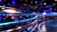 Futuristic fiber optic cables with glowing blue light streams and bokeh effects creating dynamic technology background for digital communication concepts.