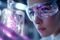 Young Asian female scientist wearing augmented reality glasses observes glowing molecular structures and digital networks in laboratory environment with purple illumination.