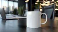 White ceramic coffee mug mockup on dark wooden table in modern office interior with laptop and blurred city background, morning workspace atmosphere.