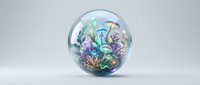Transparent glass sphere containing colorful abstract swirls and patterns on white background, isolated for design projects and creative applications.
