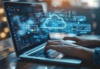 Cloud computing technology concept with developer working on laptop. Digital transformation and data storage visualization showing modern IT infrastructure.