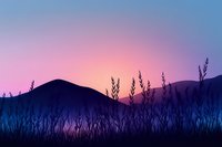 Tranquil mountain landscape at dusk with silhouettes of wild grass and wheat stalks against purple and pink gradient sky, creating serene nature scenery.