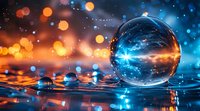 Crystal glass sphere on water surface reflecting magical lights and bokeh effects against dark background with orange and blue glowing particles.