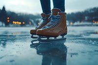 Brown leather ice skates on frozen lake at dusk with bokeh lights in background, close-up view showing vintage style boots with blue laces on reflective ice surface.