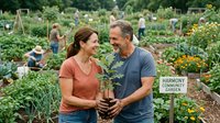 Mature man and woman holding soil together in community garden with vegetables and flowers growing in background, representing sustainable farming, teamwork, and organic gardening practices.
