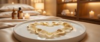 Romantic spa setting with rose petals arranged in heart shape on white plate, candles and massage oils creating intimate wellness atmosphere.
