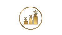Golden growth chart with plants sprouting from ascending bars in circular frame, symbolizing business success and organic development on white background.