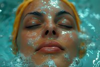 Young woman with closed eyes emerging from turquoise water, face partially submerged with water droplets and bubbles creating dreamy aquatic atmosphere.