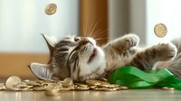 Playful cat lying on golden coins with green ribbon, looking up at falling money. Financial success and wealth concept with feline companion.
