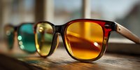 Stylish sunglasses with amber lenses and wooden temples on wooden surface with blurred background, fashion accessory for summer protection.