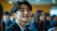 Young Asian businessman smiling confidently in modern office environment with colleagues in background for corporate presentations.