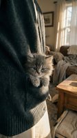 Fluffy gray tabby kitten nestled in person's arms wearing dark sweater indoors, cozy home setting with natural window light and furniture background.