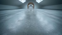 Modern empty concrete interior space with polished floor and arched doorway illuminated by natural light from skylights for architectural visualization.