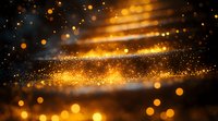 Magical golden light rays with glowing particles and bokeh effect on dark background, creating atmospheric festive mood for holiday designs and celebrations.