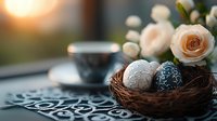 Decorative Easter eggs in natural nest with white roses and coffee cup on ornate tablecloth, captured in soft morning light creating cozy spring atmosphere.