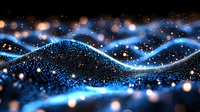 Glowing blue waves of digital particles with bokeh light effects on black background create futuristic technology visualization for modern design projects.