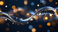Flowing liquid wave with sparkling particles and golden bokeh lights on dark background for luxury design projects and elegant presentations.