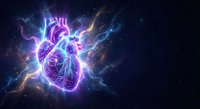 Glowing human heart with electric lightning energy surrounded by cosmic nebula and stars on dark background for medical and science concepts.