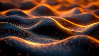 Flowing golden particles create undulating waves with luminous highlights against dark background, suitable for abstract backgrounds and digital design projects.