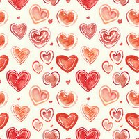 Romantic seamless pattern with hand drawn watercolor hearts in shades of red and pink on white background, perfect for Valentine's Day designs, wedding stationery, and love-themed projects.