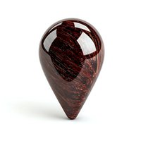 Glossy dark brown marble location pin marker with swirling pattern isolated on white background, suitable for map and navigation design elements.