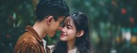 Young Asian couple sharing intimate moment with foreheads touching, romantic connection and love concept for relationship and dating content.