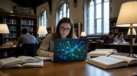 Young woman with dark hair and glasses, wearing a tan cardigan, working on a laptop displaying glowing blue digital network graphics in a library setting surrounded by books, lamps, and wooden furniture.